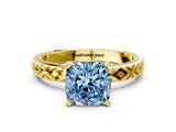 Yellow gold Fancy Blue Cushion  Solitaire Diamond Ring with Milgrain and Black Enamel X Pattern Band_77