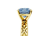 Yellow gold Fancy Blue Cushion  Solitaire Diamond Ring with Milgrain and Black Enamel X Pattern Band_82
