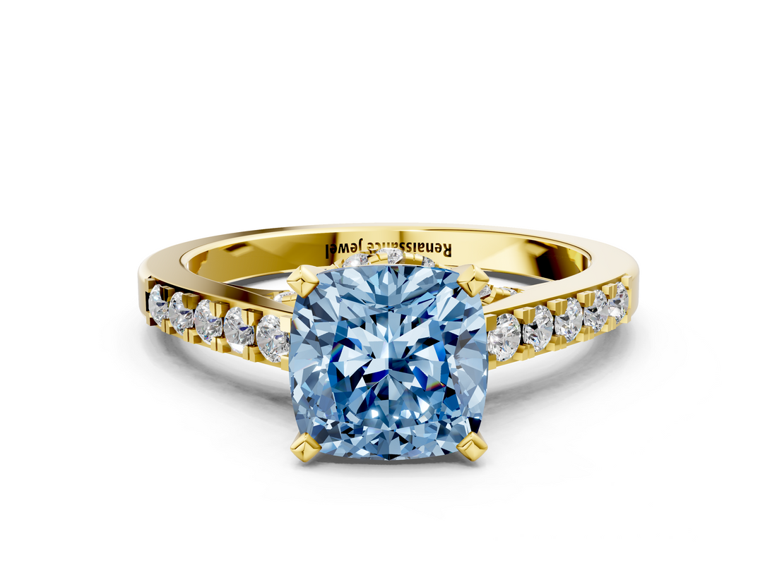 Yellow gold Fancy Blue Cushion  Solitaire Diamond Ring with Pavé Band and Four-Prong Setting_113