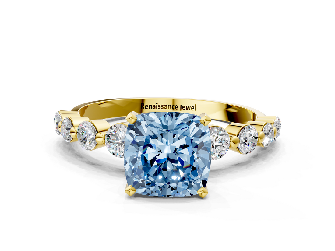 Yellow gold Fancy Blue Cushion  Solitaire Diamond Ring with Pave Band and Four-Prong Setting_265