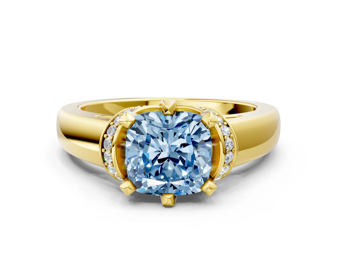 Yellow gold Fancy Blue Cushion  Solitaire Diamond Ring with Pave Band and Six-Prong Setting_32