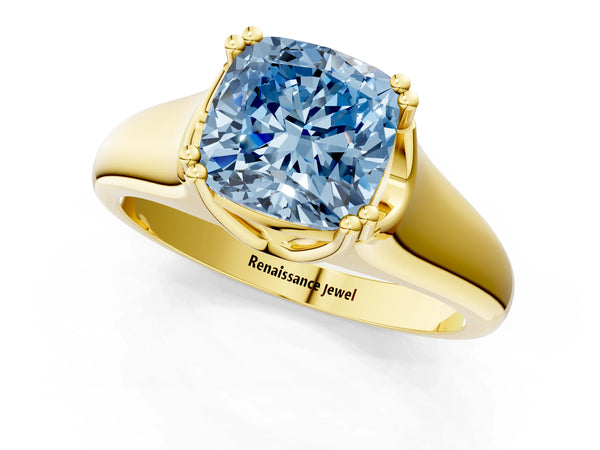 Yellow gold Fancy Blue Cushion Cut Diamond Solitaire Ring with Wide Band and Prong Setting