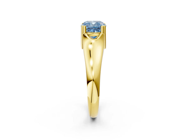 Yellow gold Fancy Blue Cushion Cut Diamond Solitaire Ring with Wide Band and Prong Setting