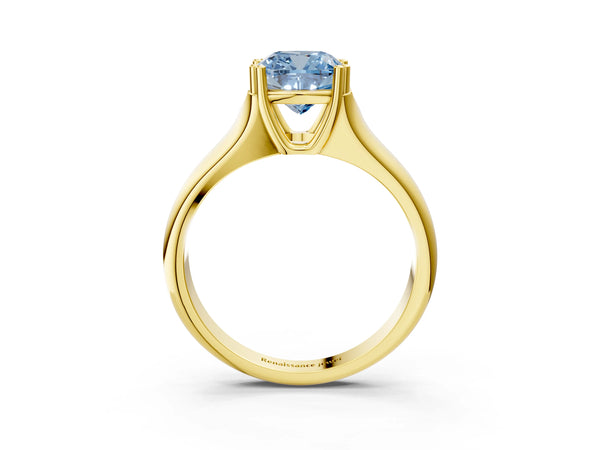 Yellow gold Fancy Blue Cushion Cut Diamond Solitaire Ring with Wide Band and Prong Setting