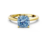 Yellow gold Fancy Blue Cushion  Solitaire Diamond Ring with Six-Prong Setting on a Classic Band