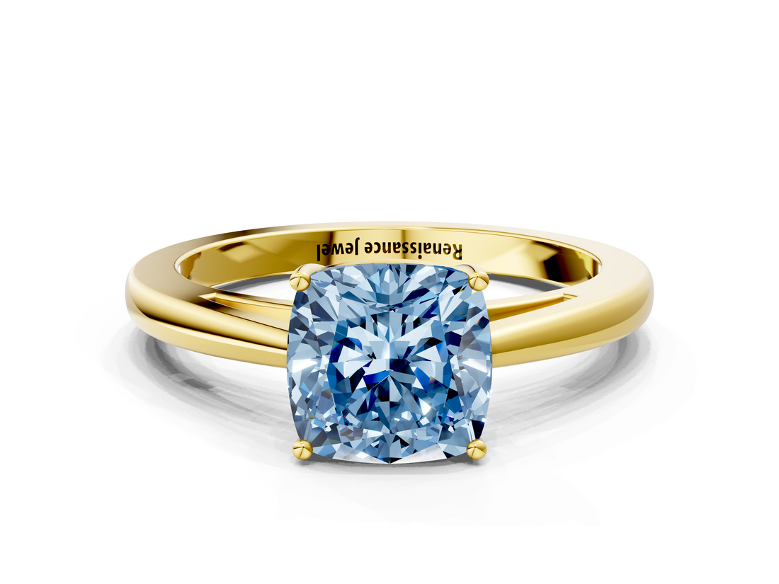 Yellow gold Fancy Blue Cushion  Solitaire Diamond Ring with Split Shank and Four-Prong Setting_20