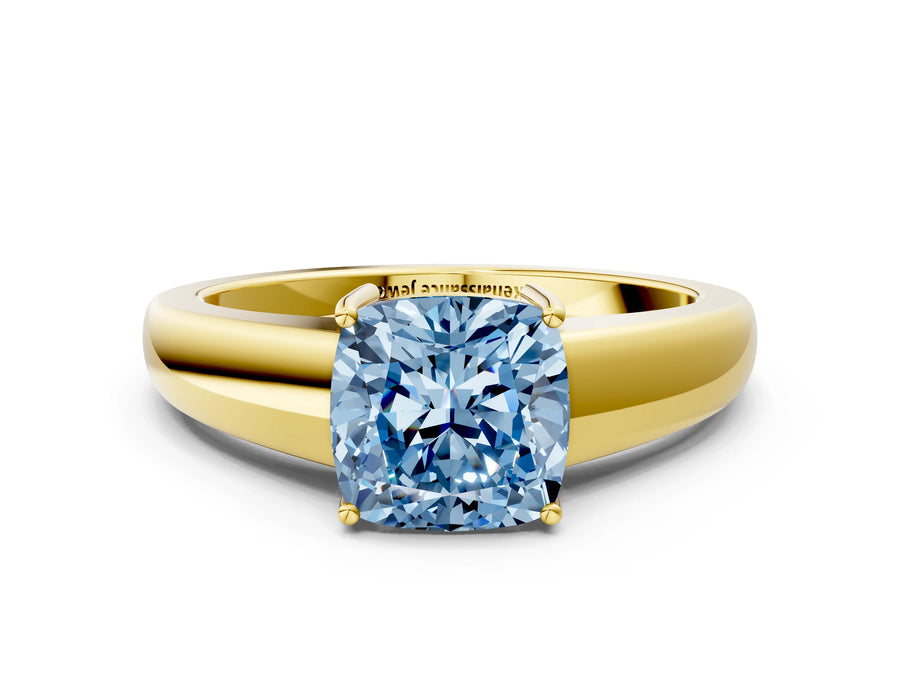 Yellow gold Fancy Blue Cushion  Solitaire Diamond Ring with Tapered Band and Four-Prong Setting