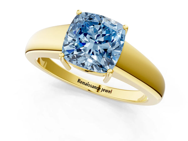 Yellow gold Fancy Blue Cushion  Solitaire Diamond Ring with Tapered Band and Four-Prong Setting