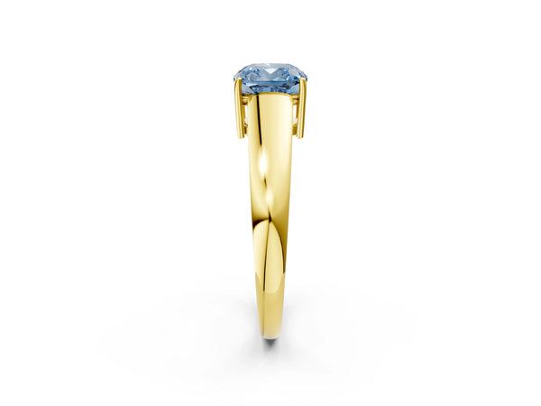 Yellow gold Fancy Blue Cushion  Solitaire Diamond Ring with Tapered Band and Four-Prong Setting
