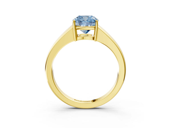 Yellow gold Fancy Blue Cushion  Solitaire Diamond Ring with Tapered Band and Four-Prong Setting
