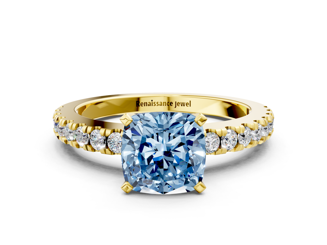 Yellow gold Fancy Blue Cushion  Solitaire Diamond with Pavé Band and Four-Prong Setting_49