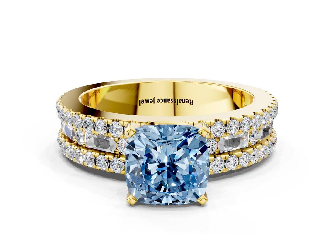 Yellow gold Fancy Blue Cushion  Solitaire Diamond with Pave and Channel Set Band_56