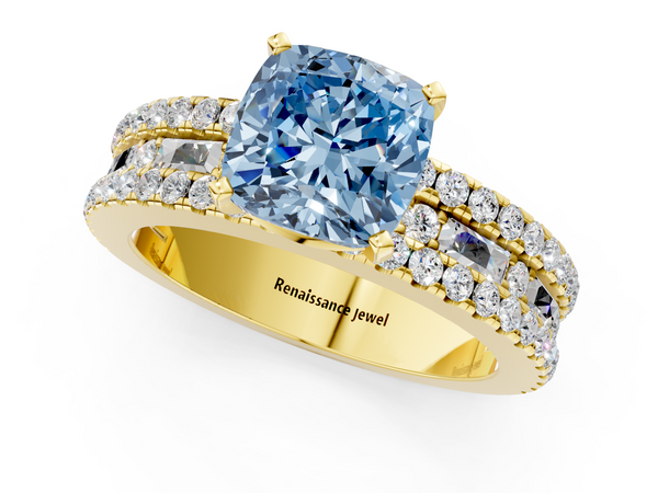 Yellow gold Fancy Blue Cushion Cut Diamond Solitaire Ring with Pavé and Channel Set Band