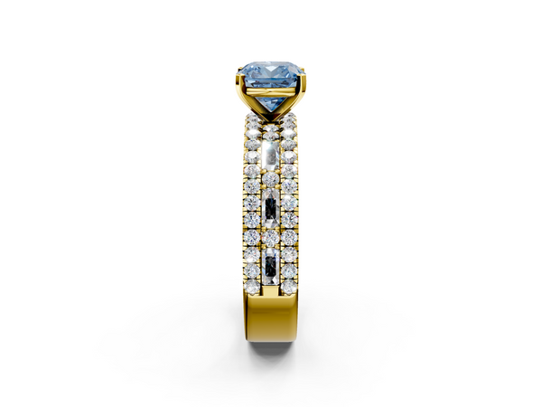 Yellow gold Fancy Blue Cushion Cut Diamond Solitaire Ring with Pavé and Channel Set Band