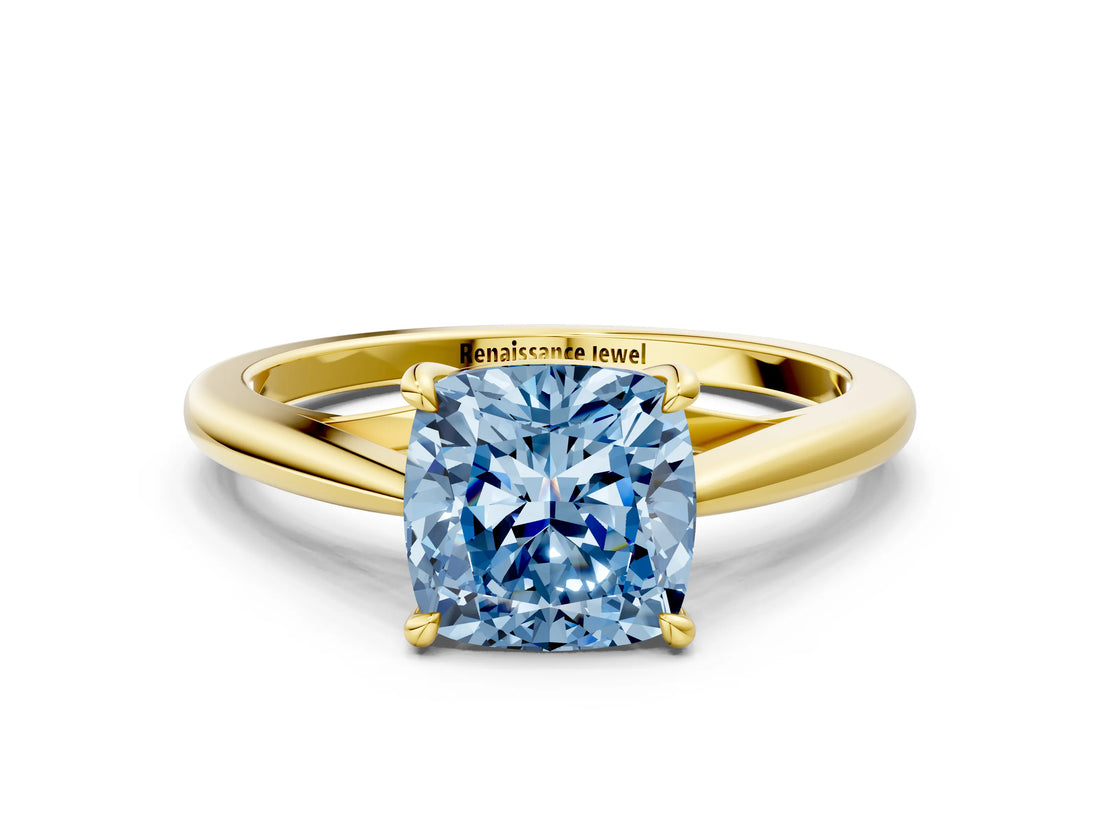 Yellow gold Fancy Blue Cushion  Solitaire Engagement Ring with Four-Prong Setting and Classic Band 1
