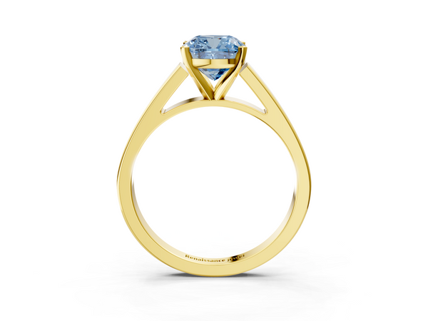 Yellow gold Fancy Blue Cushion  Solitaire Engagement Ring with Four-Prong Setting and Tapered Band