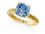 Yellow gold Fancy Blue Cushion  Solitaire Engagement Ring with Scrollwork Band and Four-Prong Setting_117
