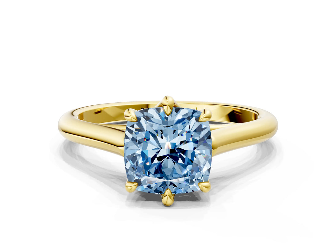 Yellow gold Fancy Blue Cushion  Solitaire Engagement Ring with Six-Prong Setting and Classic Band 1