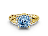Yellow gold Fancy Blue Cushion  Solitaire Filigree Engagement Ring with Halo and Prong Setting_56
