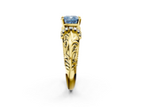 Yellow gold Fancy Blue Cushion  Solitaire Filigree Engagement Ring with Halo and Prong Setting_58