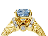 Yellow gold Fancy Blue Cushion  Solitaire Filigree Engagement Ring with Halo and Prong Setting_60