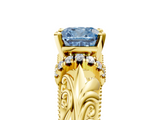 Yellow gold Fancy Blue Cushion  Solitaire Filigree Engagement Ring with Halo and Prong Setting_61