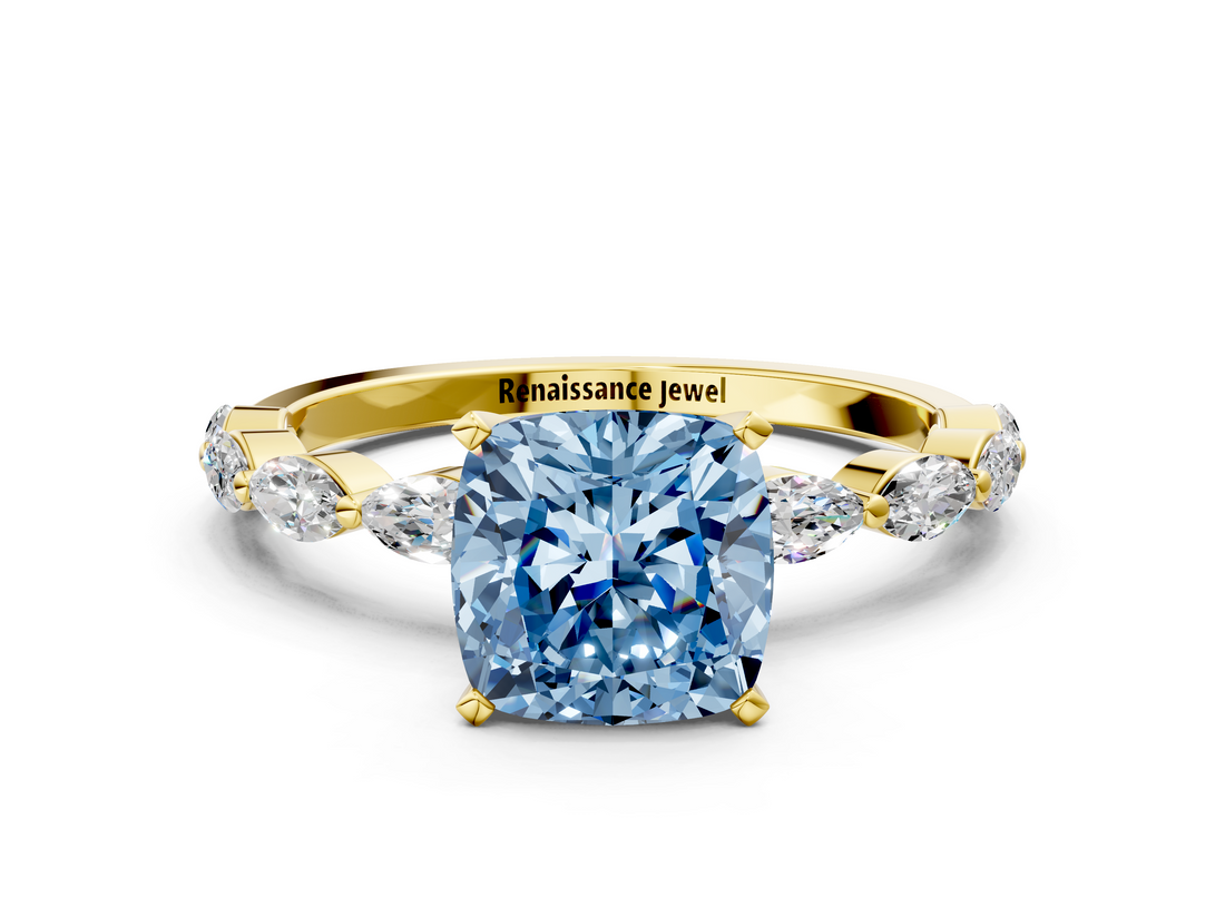 Yellow gold Fancy Blue Cushion  Solitaire Marquise Side Stone Prong Setting Ring_44