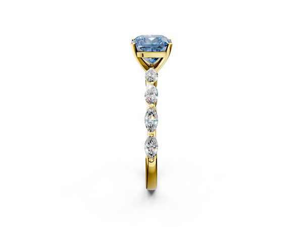 Yellow gold Fancy Blue Cushion Cut Diamond Ring with Marquise Side Stones and Prong Setting