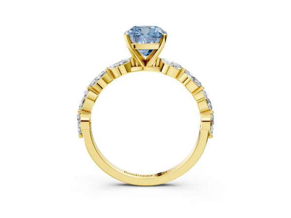 Yellow gold Fancy Blue Cushion Cut Diamond Ring with Marquise Side Stones and Prong Setting
