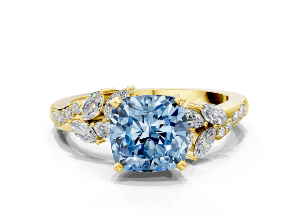 Yellow gold Fancy Blue Cushion  Solitaire Marquise Twist Band with Six-Prong Setting