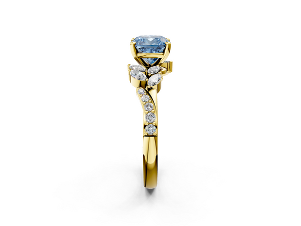 Yellow gold Fancy Blue Cushion  Solitaire Marquise Twist Band with Six-Prong Setting