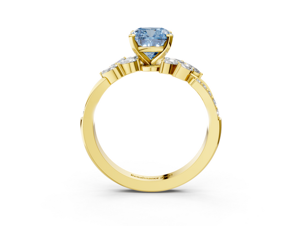 Yellow gold Fancy Blue Cushion  Solitaire Marquise Twist Band with Six-Prong Setting