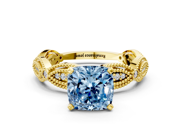 Yellow gold Fancy Blue Cushion  Solitaire Milgrain Diamond Engagement Ring with Bezel and Marquise Band