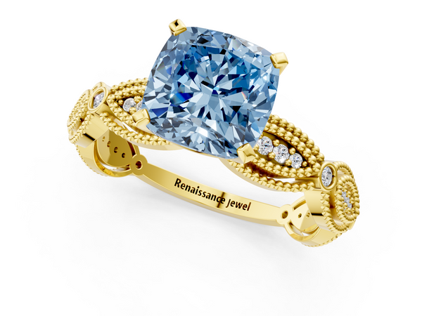 Yellow gold Fancy Blue Cushion  Solitaire Milgrain Diamond Engagement Ring with Bezel and Marquise Band