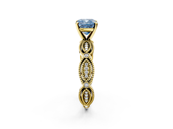 Yellow gold Fancy Blue Cushion  Solitaire Milgrain Diamond Engagement Ring with Bezel and Marquise Band