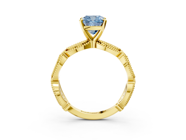 Yellow gold Fancy Blue Cushion  Solitaire Milgrain Diamond Engagement Ring with Bezel and Marquise Band