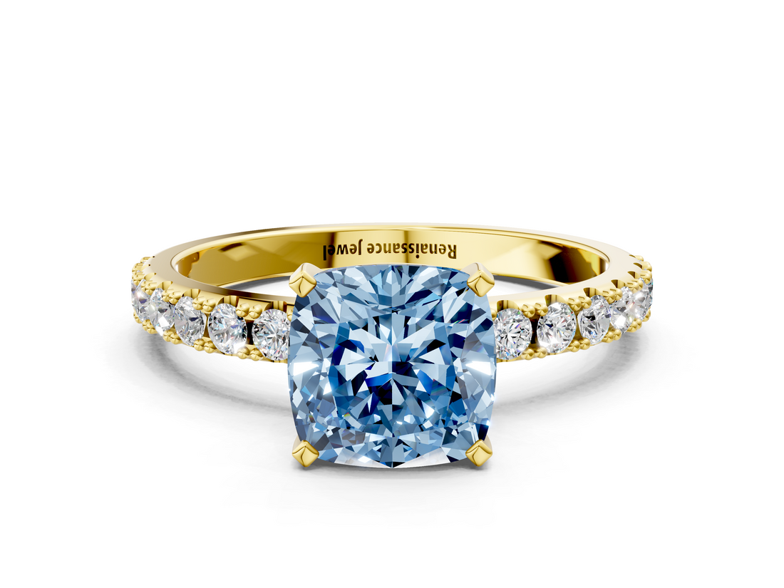 Yellow gold Fancy Blue Cushion  Solitaire Pavé Band with Four-Prong Setting_151