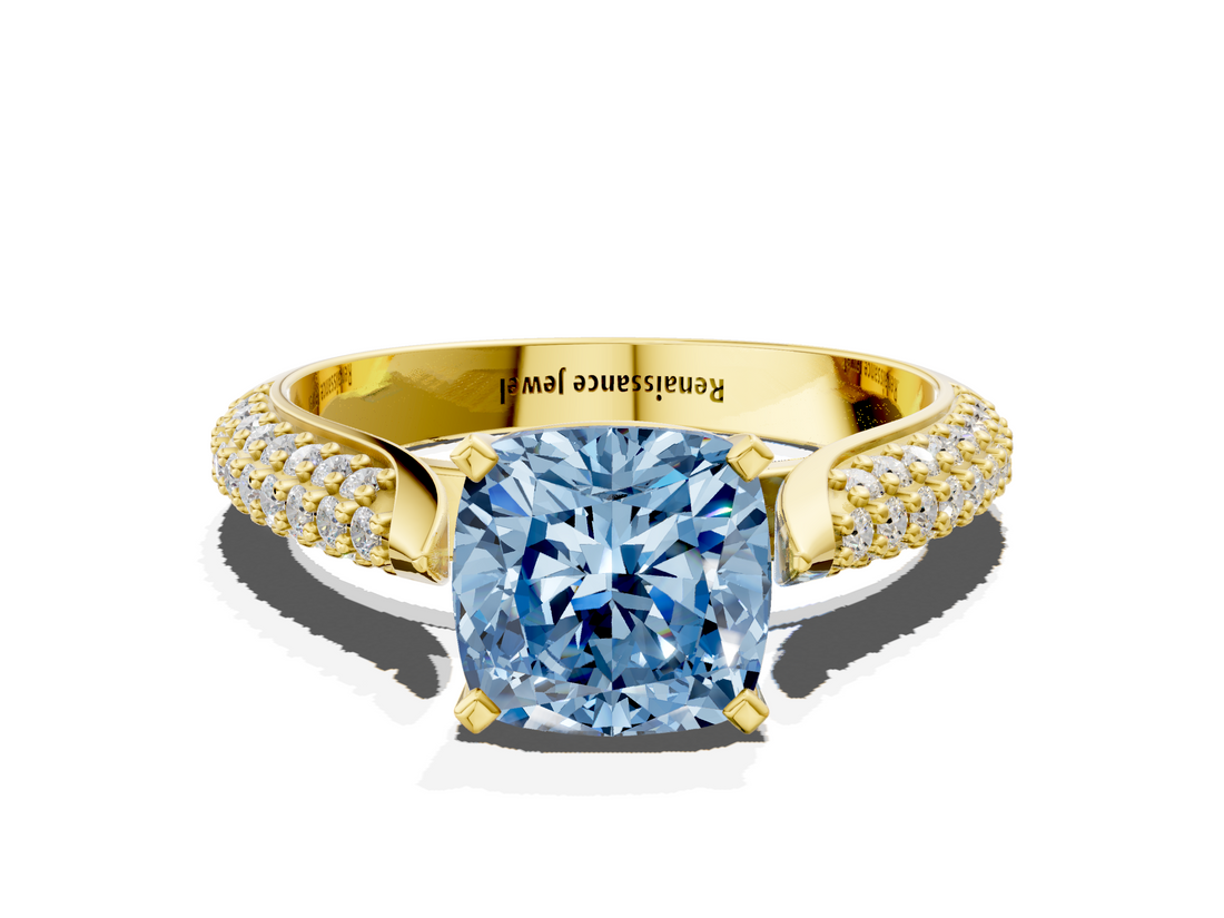 Yellow gold Fancy Blue Cushion  Solitaire Pavé Diamond Engagement Ring with Four-Prong Setting_139