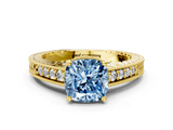 Yellow gold Fancy Blue Cushion  Solitaire Pavé Diamond Milgrain Engagement Ring with Four-Prong Setting_3