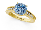 Yellow gold Fancy Blue Cushion  Solitaire Pavé Diamond Milgrain Engagement Ring with Four-Prong Setting_4