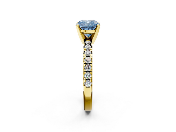 Yellow gold Fancy Blue Cushion  Solitaire Pave Diamond Engagement Ring with Four-Prong Setting