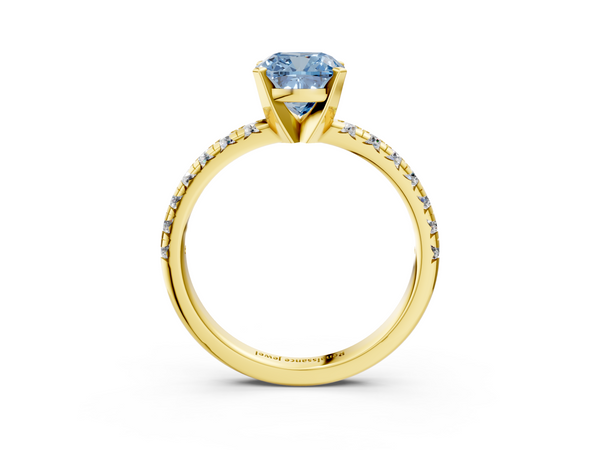 Yellow gold Fancy Blue Cushion  Solitaire Pave Diamond Engagement Ring with Four-Prong Setting