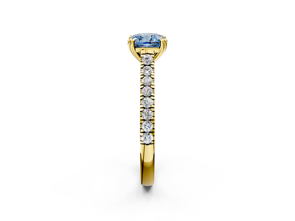 Yellow gold Fancy Blue Cushion  Solitaire Pave Diamond Engagement Ring with Prong Setting