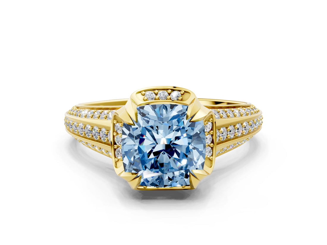 Yellow gold Fancy Blue Cushion  Solitaire Pave Split Shank Ring with Four-Prong Setting_81