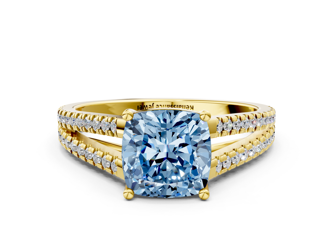 Yellow gold Fancy Blue Cushion  Solitaire Split Shank Pavé Diamond Engagement Ring_372