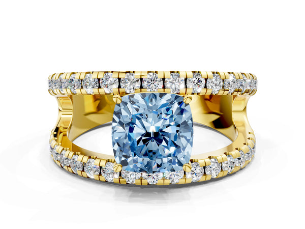 Yellow gold Fancy Blue Cushion  Solitaire Split Shank Pave Diamond Ring