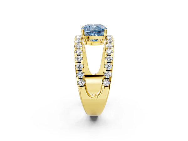 Yellow gold Fancy Blue Cushion  Solitaire Split Shank Pave Diamond Ring