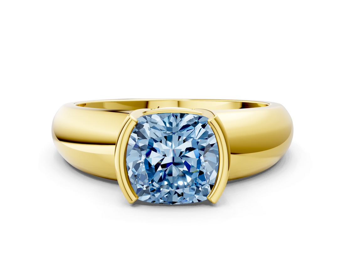 Yellow gold Fancy Blue Cushion  Solitaire Tension Set Diamond Ring with Wide Band_20