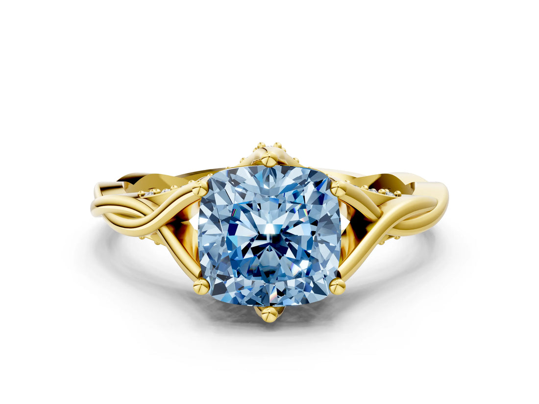 Yellow gold Fancy Blue Cushion  Solitaire Twist Band Six-Prong Setting 1