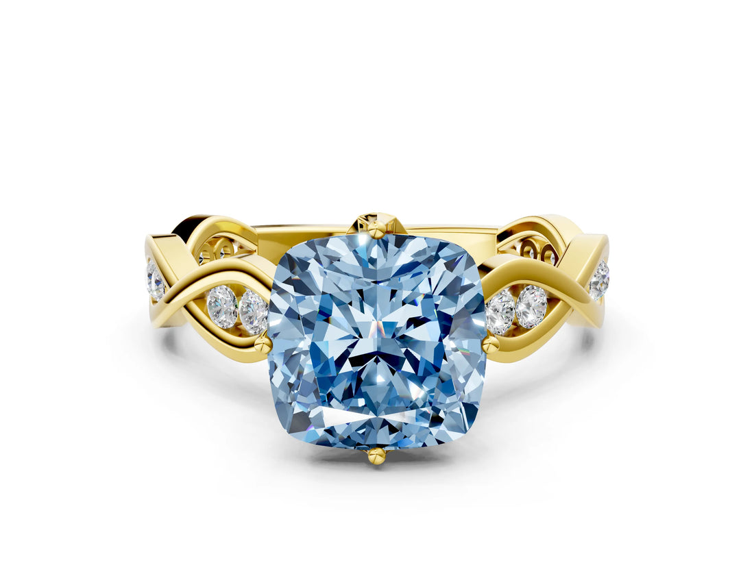 Yellow gold Fancy Blue Cushion  Solitaire Twist Band with Leaf Prong Setting 1